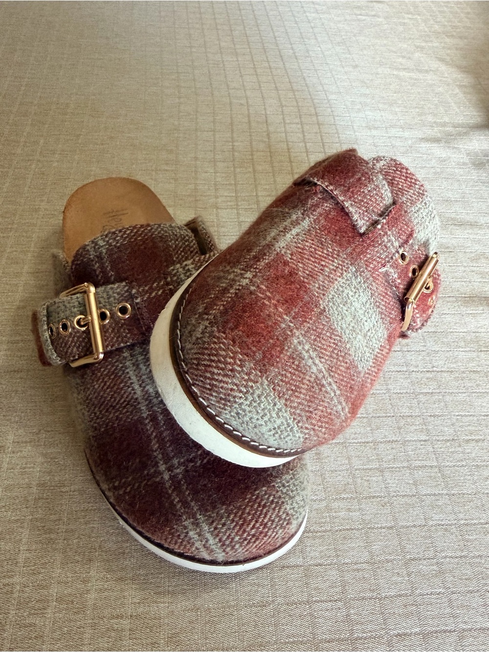 Corkys Plaid Slip-On Clogs in Maroon and Gray with Gold Buckle